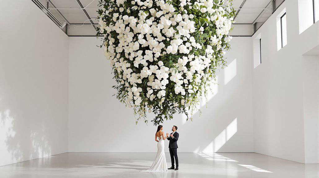 Bride and groom exchanging vows under a large floral chandelier at a modern wedding venue.