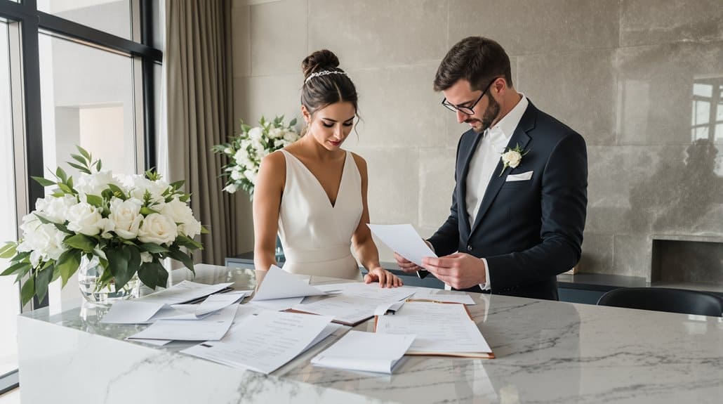 Bride and groom reviewing wedding plans at a modern venue.