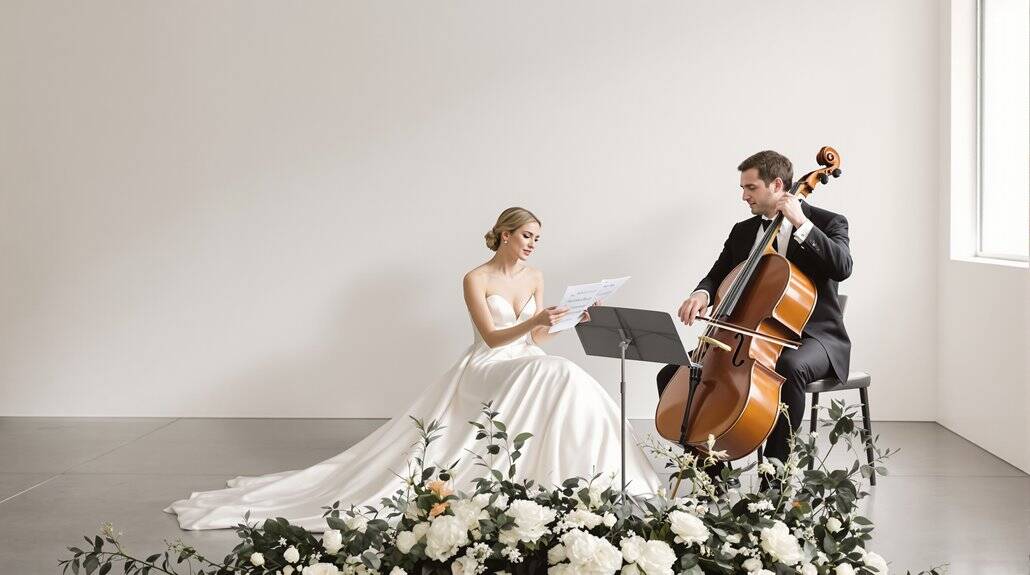 Bride and groom playing cello and violin during wedding ceremony in bright, modern venue.