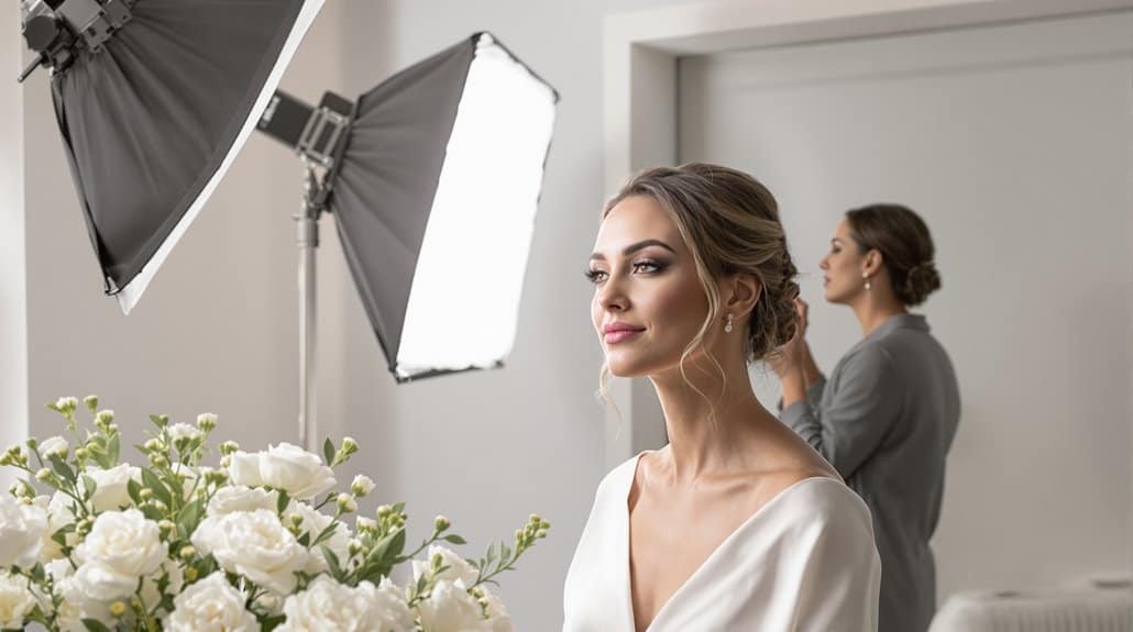 Beautiful bride preparing for her wedding in a professional studio setting.