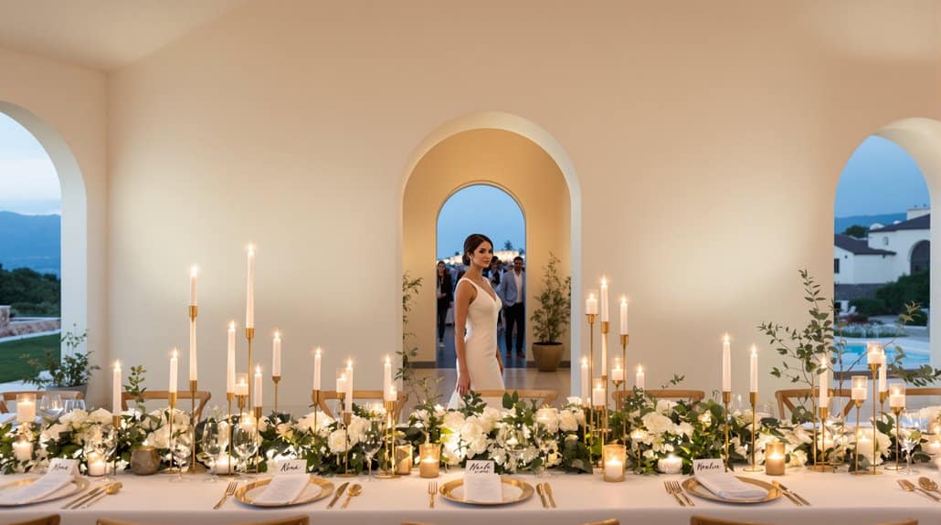 Elegant wedding reception with floral arrangements and candlelit table setting.