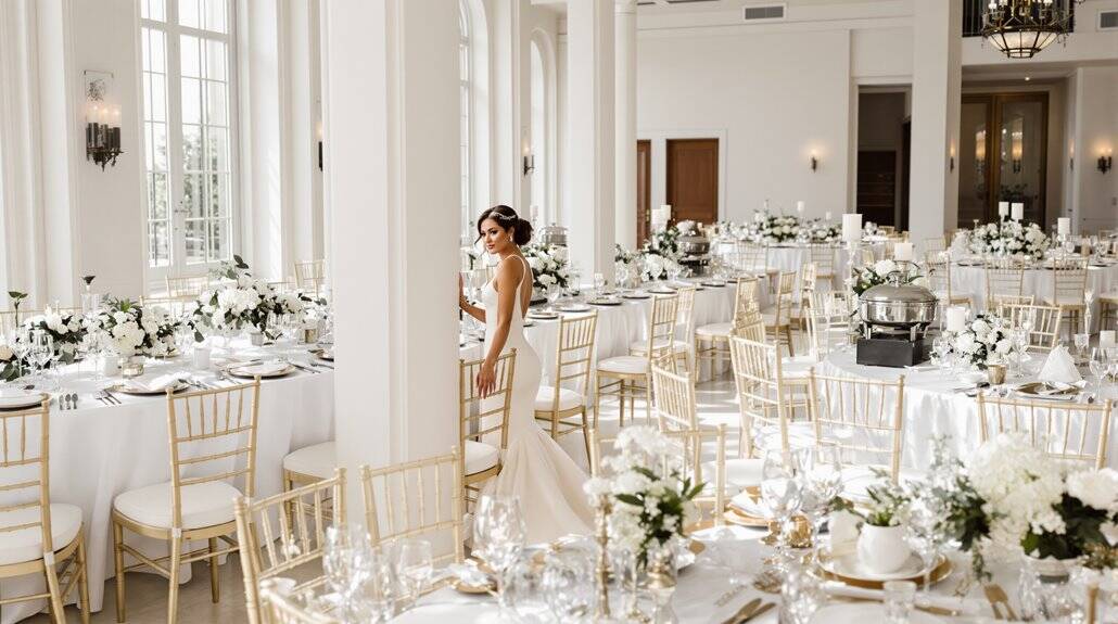 Elegant wedding reception with white floral arrangements and luxurious table settings.