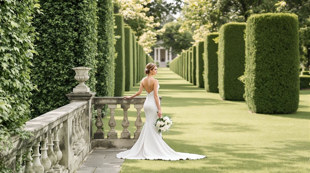 Bride in a white wedding gown standing in a lush garden with trimmed hedges and classical stone balu.