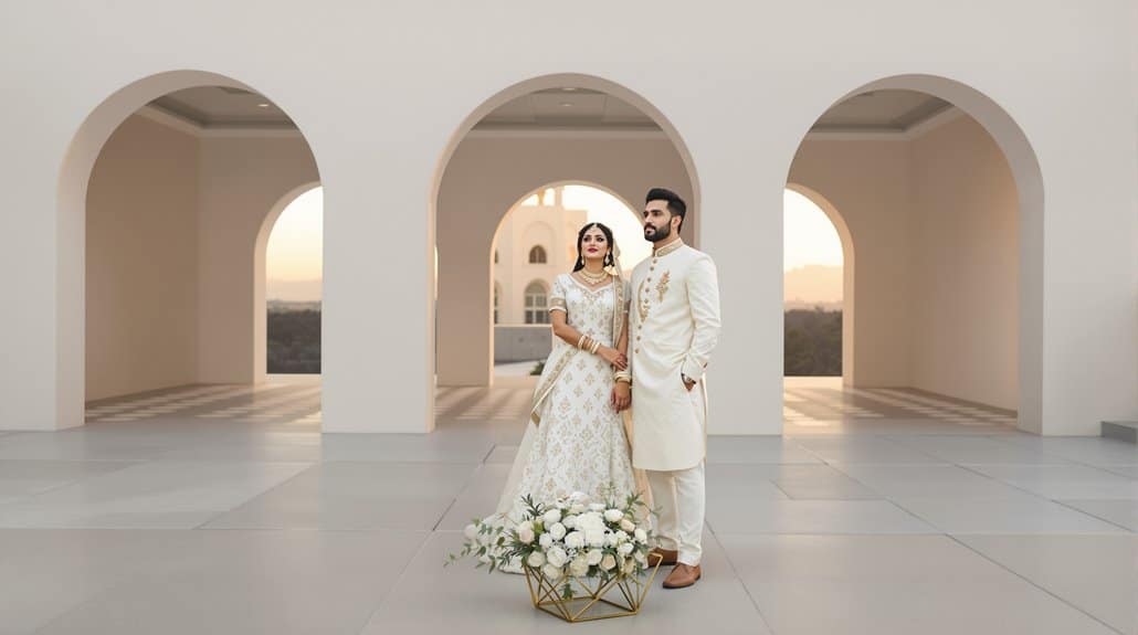 Elegant wedding couple standing in white traditional attire with scenic arches in the background.