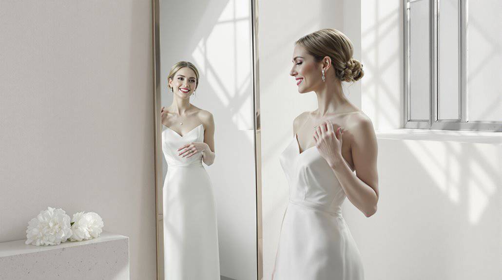 Beautiful bride in elegant wedding dress looking at her reflection.