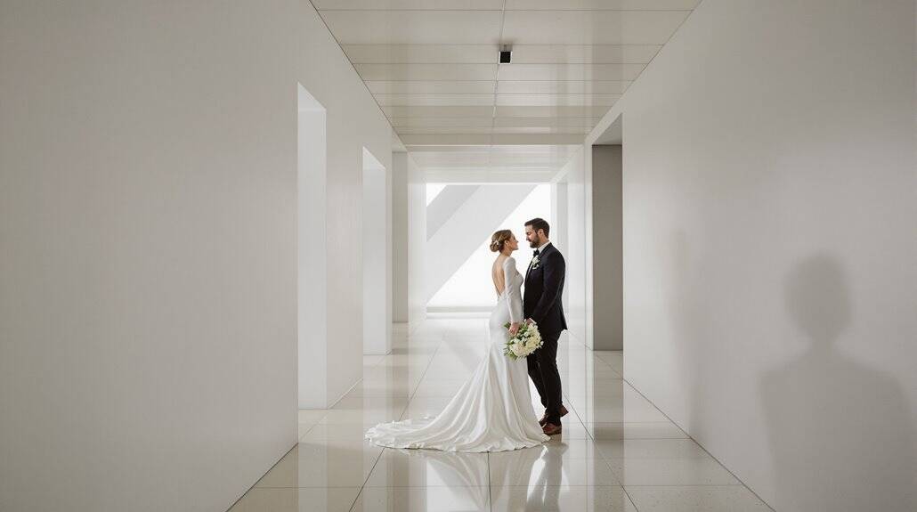 Bride and groom standing together in a sleek, minimalist wedding venue with bright natural light.