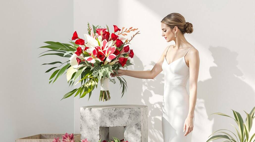 Bridal bouquet with red and white flowers, elegant wedding floral arrangement.