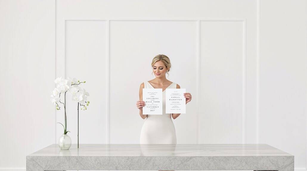 Bride reading wedding vows during ceremony, elegant wedding setting with white decor and orchids.