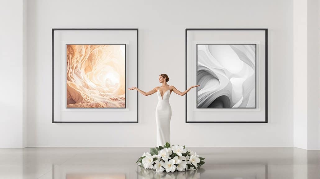 Elegant wedding dress with modern art paintings in gallery.