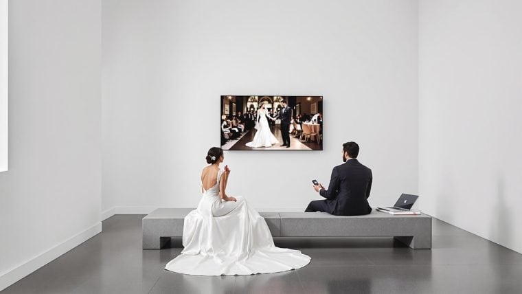 Bride and groom watching wedding video on TV in modern gallery setting.