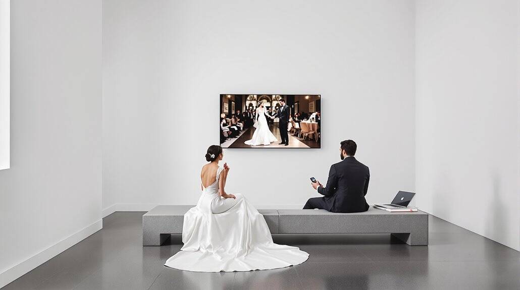 Bride and groom watching wedding video on TV in modern gallery setting.
