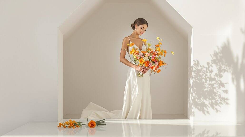 Bridal bouquet with vibrant orange, yellow, and pink flowers, perfect for a wedding celebration.