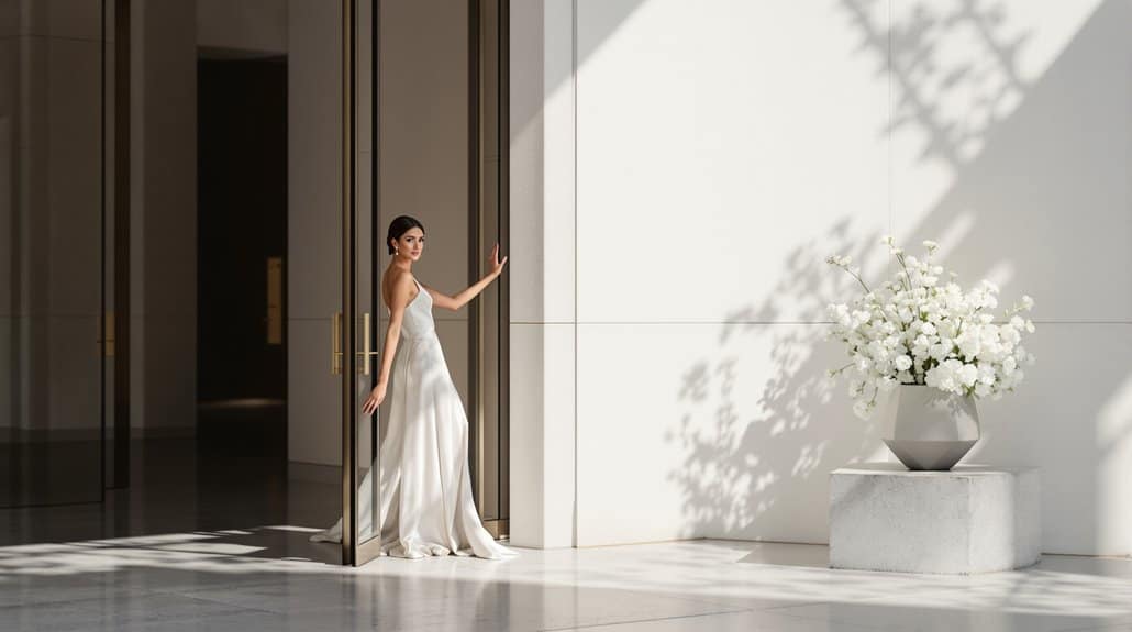 Bride in wedding gown entering modern venue with minimalist decor.