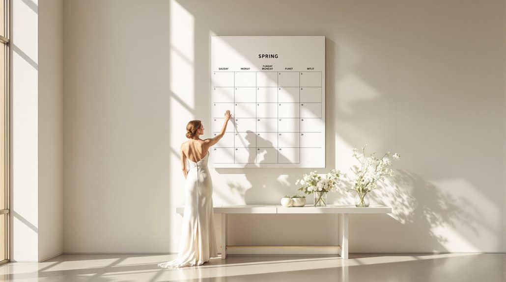 Elegant wedding calendar with a bride marking important dates in a bright, modern space.