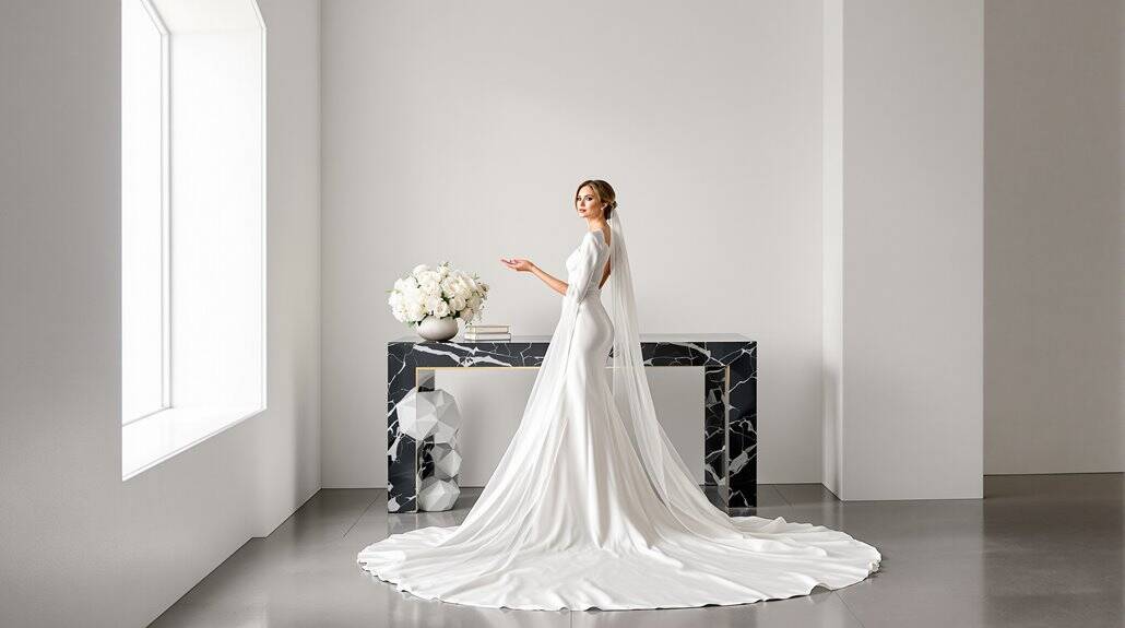 Elegant wedding bridal gown with flowing train and minimalist design.