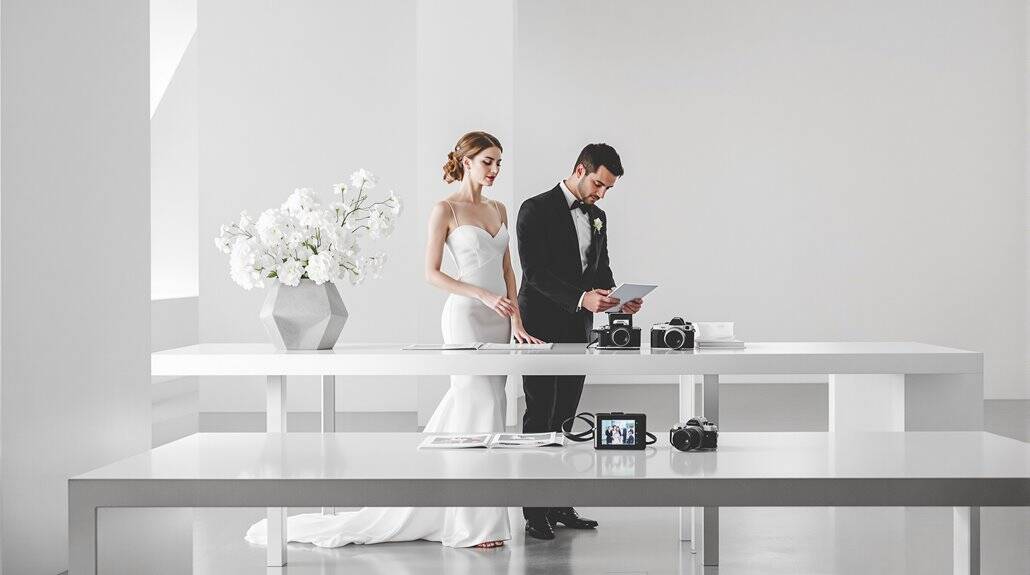 Bride and groom preparing for wedding photoshoot in a modern, bright studio setting.