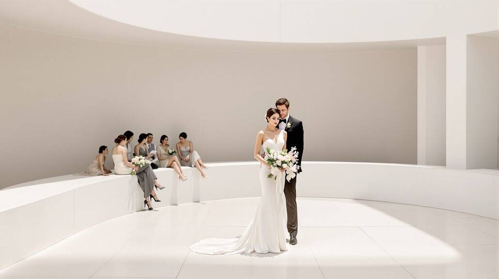 Elegant wedding couple standing in a minimalist, modern wedding venue with friends seated nearby.