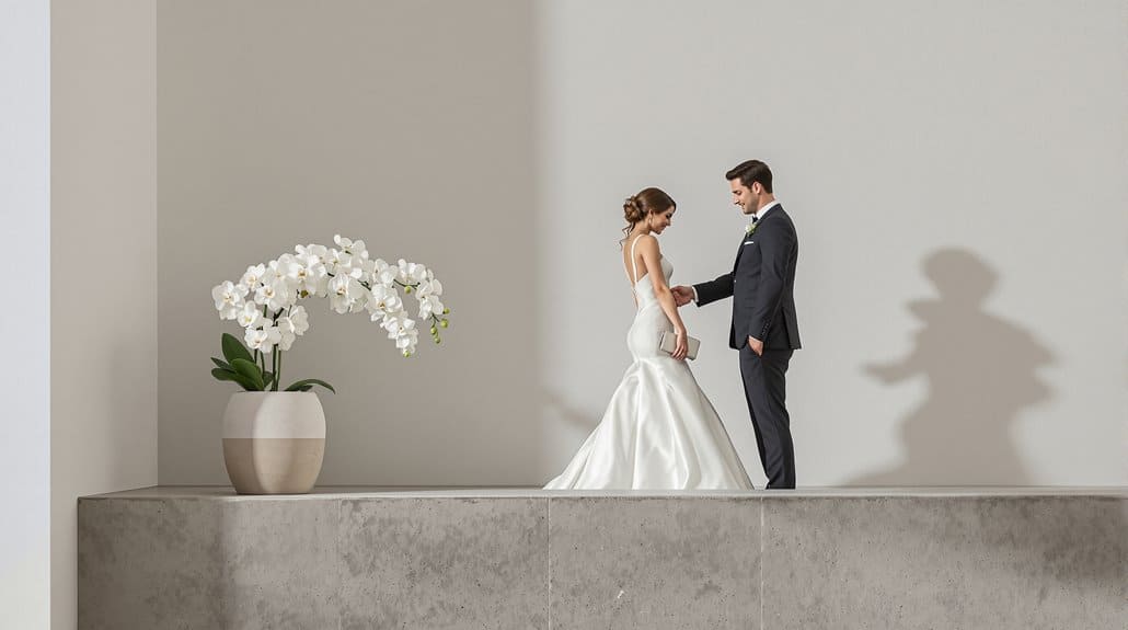 Bride and groom holding hands during wedding ceremony with minimalist background.