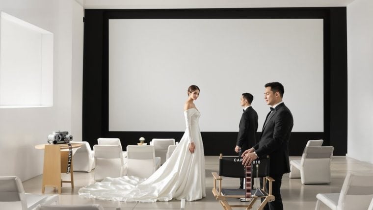 Bride and groom exchanging vows in a modern wedding venue with minimal decor.