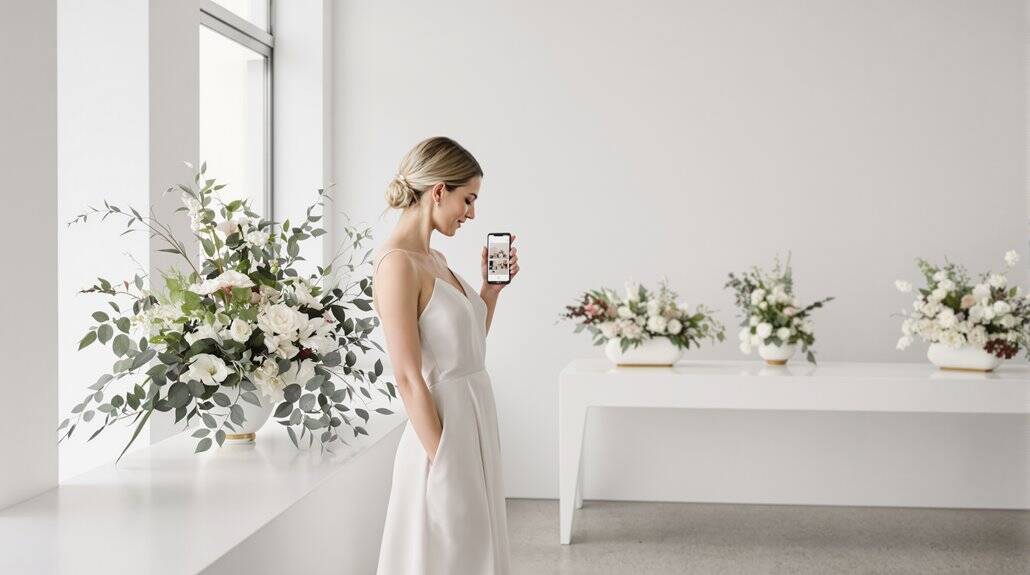 Bridal woman in white dress taking a photo with her phone at a wedding venue.