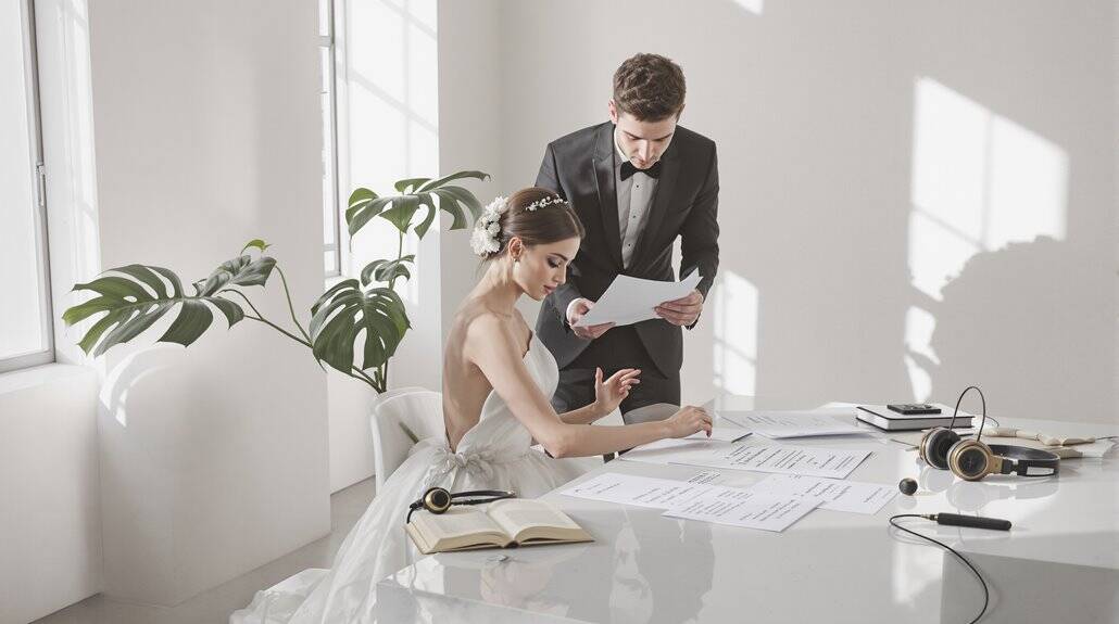 Bride and groom reviewing wedding plans in a bright, modern studio.