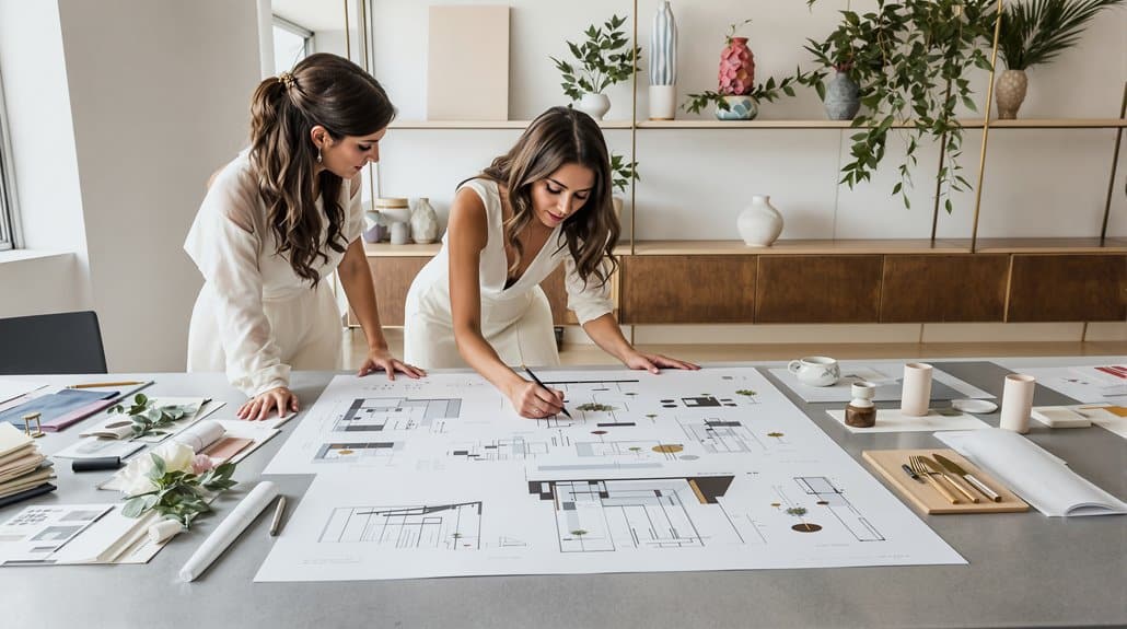 Wedding planners collaborating on elegant wedding design and decor.