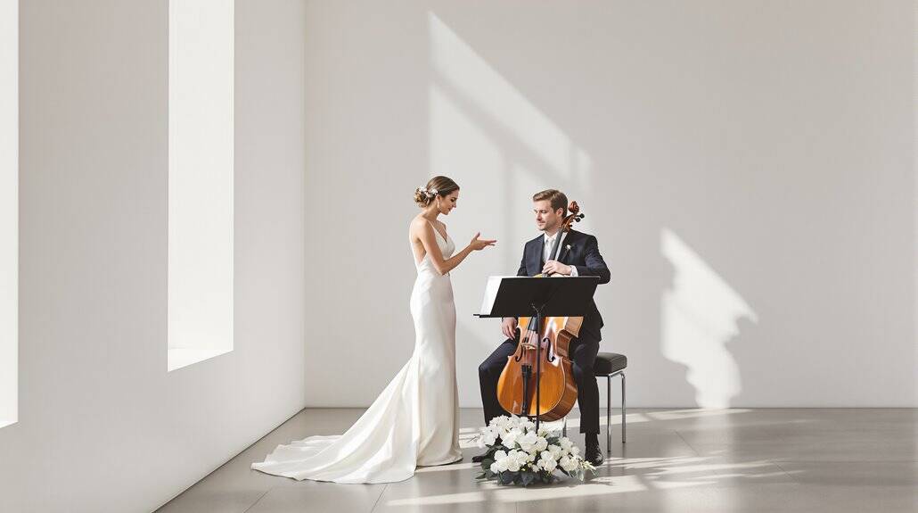 Bride and groom during wedding ceremony with violinist in minimalist white room.
