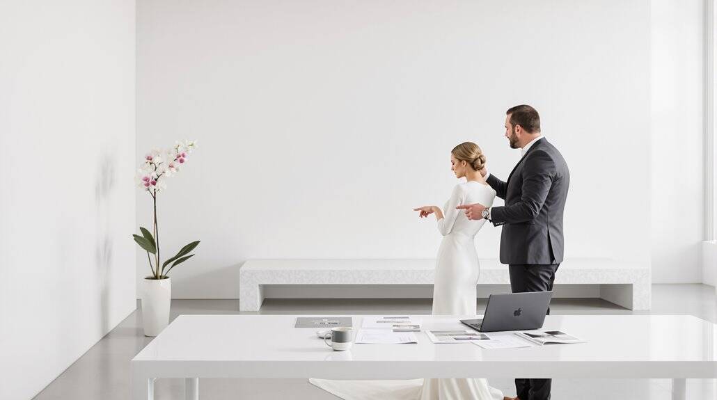 Bride and groom exchanging vows in a modern, minimalist wedding setting.