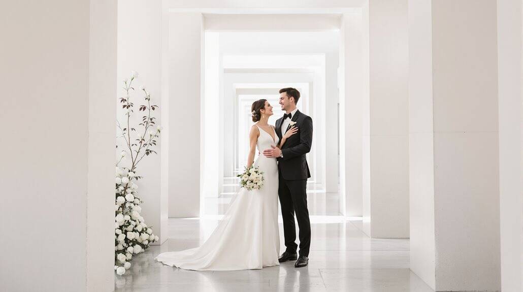 Bride and groom standing in a bright, modern wedding venue with white walls and floral decor.
