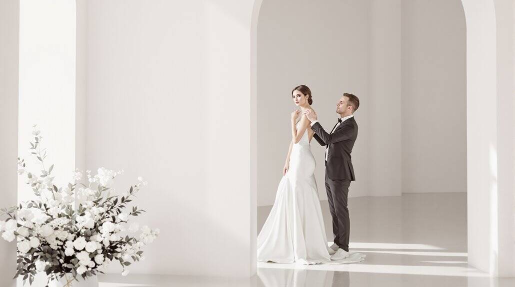Bride and groom holding hands in elegant wedding setting with minimalist decor.