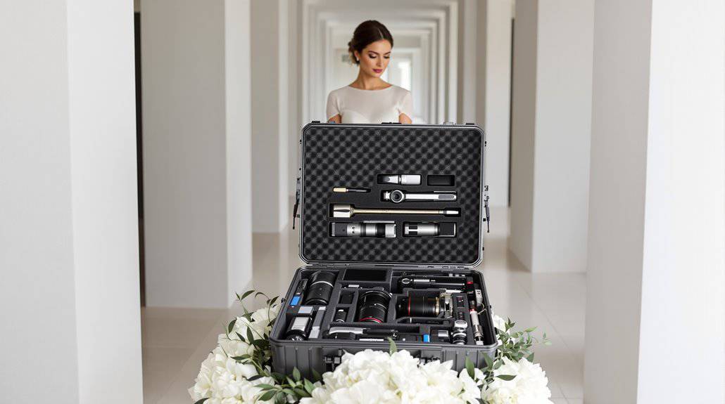 Bride getting makeup done with professional tools at her wedding preparation.