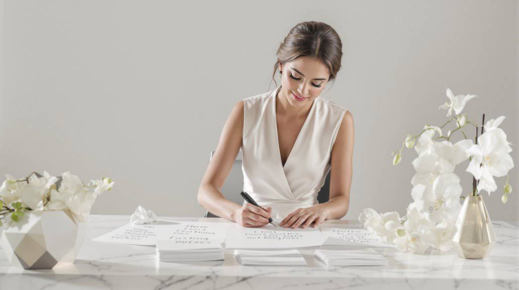Bride planning wedding details with notes and floral decor.