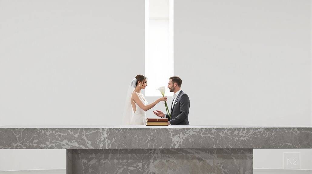 Bride and groom exchanging vows at minimalist wedding ceremony.