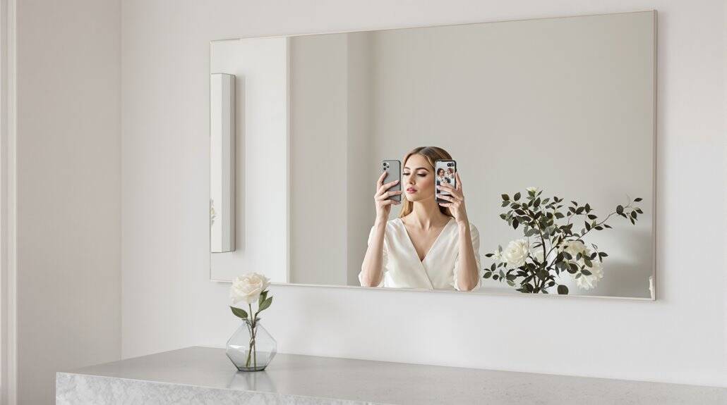 Woman taking a mirror selfie in a modern, elegant wedding-themed setting.