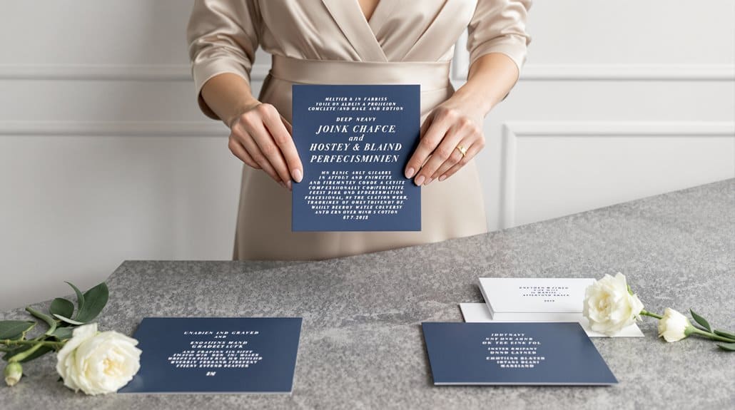 Elegant wedding invitation with navy blue and white accents on a marble table.