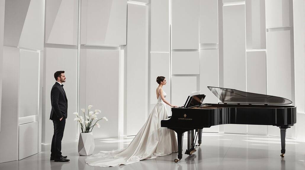 Bride and groom at a wedding with a grand piano in a modern, minimalist venue.