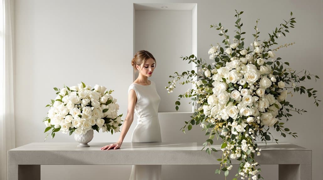 Elegant wedding floral arrangement with white roses and greenery.