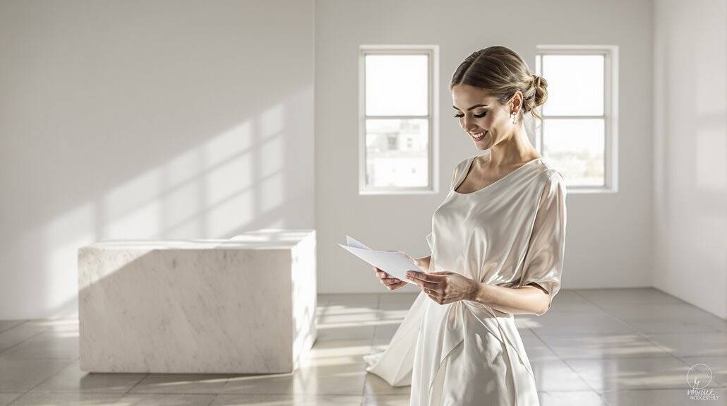 Bride in elegant wedding dress reading a card in bright, modern space.