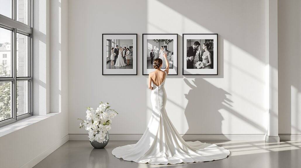 Bride in elegant wedding dress viewing framed wedding photos in gallery.