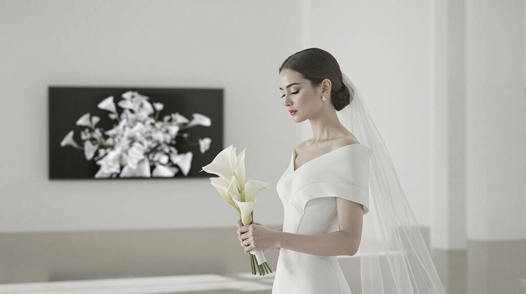 Bride holding calla lilies at her wedding, showcasing elegance and grace.