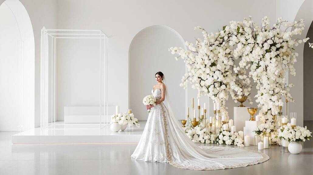 Bridal wedding dress with floral decor and elegant white background.