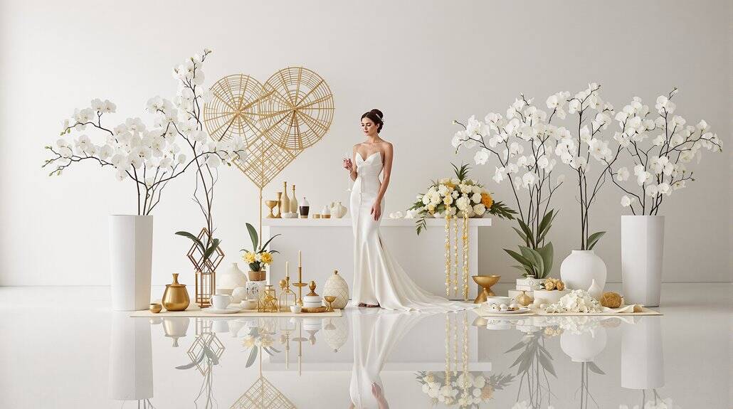 Elegant wedding bride in a white gown with floral decor and gold accents.