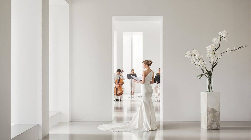 Bride in wedding dress with musicians in a modern, minimalist venue.