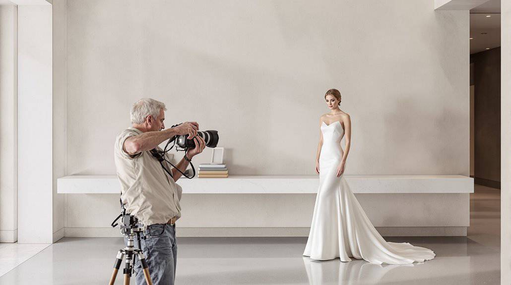 Elegant wedding bride in a white gown during a professional photo shoot.