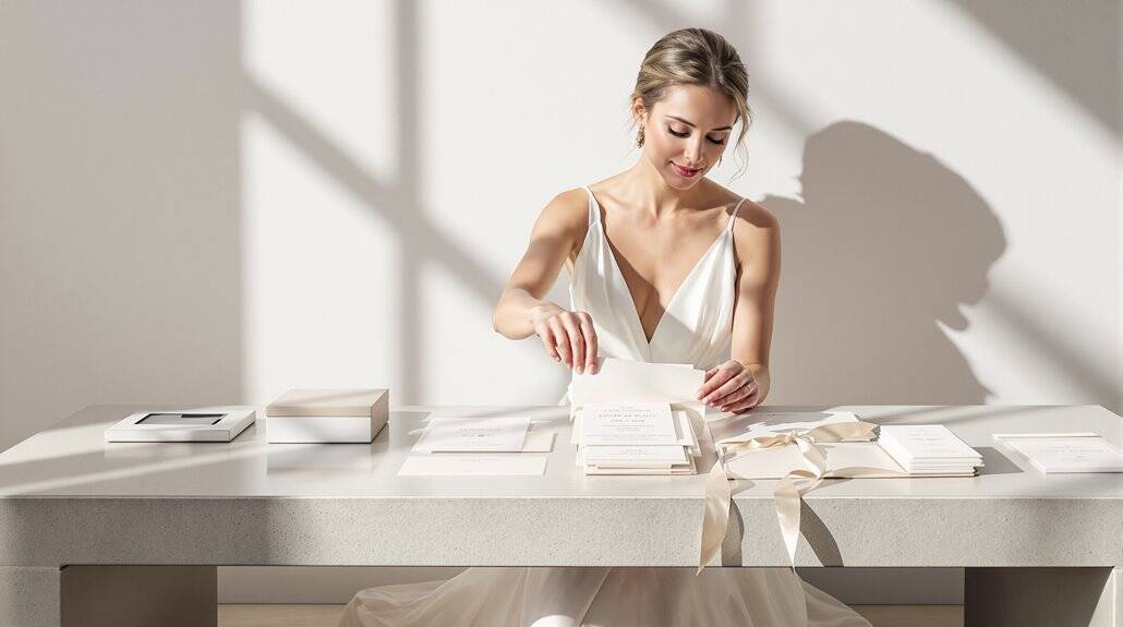 Bridal book signing at an elegant wedding, bride in a satin dress reading a guestbook.