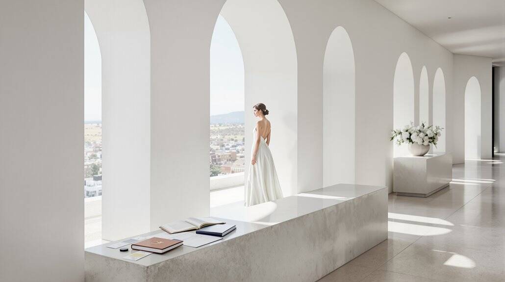 Bride in wedding dress standing by arched windows in a bright, modern venue.