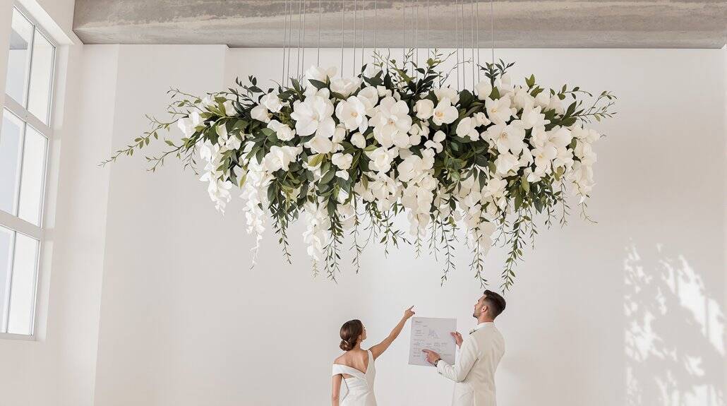 Elegant wedding floral arrangement with white flowers and greenery.