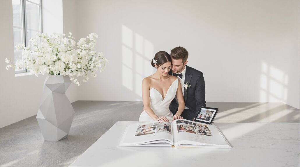 Happy bride and groom looking at wedding album in bright, modern room.