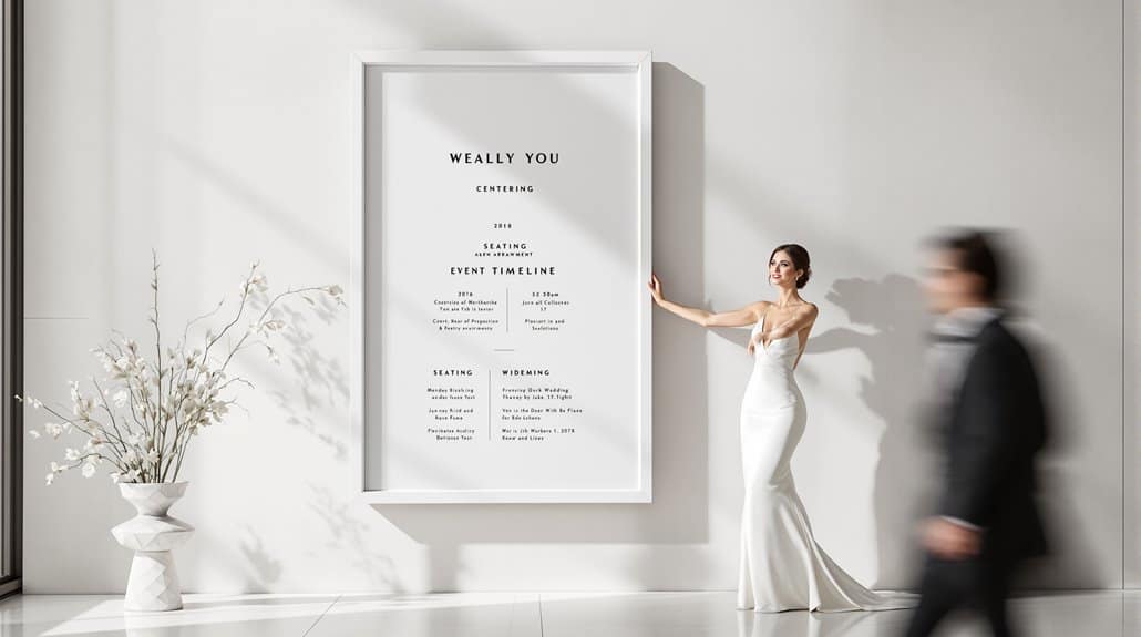 Elegant wedding sign display with bride and guest in modern venue.
