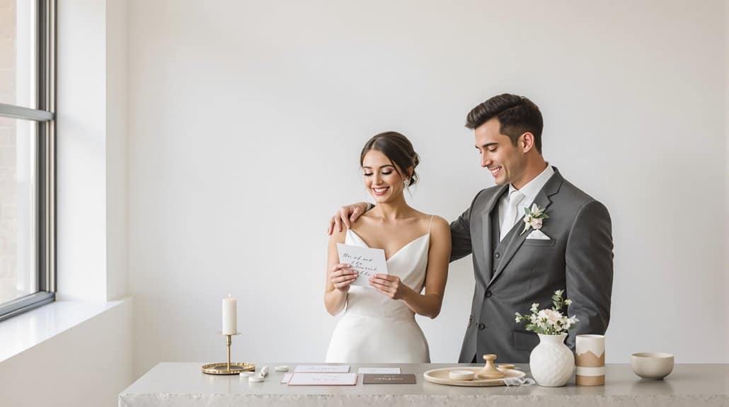 Happy bride and groom reading vows during their wedding ceremony indoors.